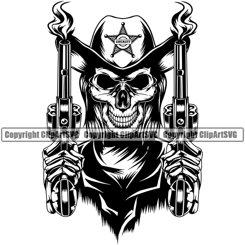 Cowboy Western Texas Vintage American Country Rodeo Traditional Skull Skeleton Wearing Leather Sherriff Cowboy Hat Cap Sheriff Gun Hat Black Color Design Element Retro Old Wild West Art Design Isolated Rancher Logo Clipart SVG