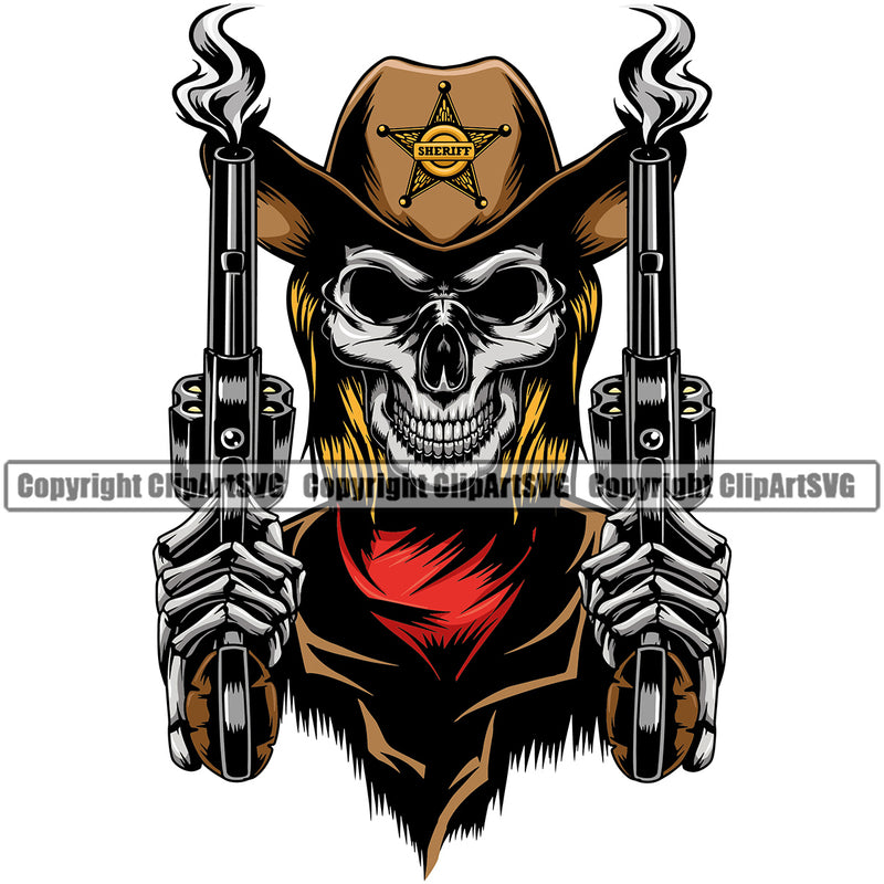 Cowboy Western Texas Vintage American Country Rodeo Skull Skeleton Wearing Leather Cowboy Hat Cap Sheriff Gun Long Hair Design Element Traditional Retro Old Wild West Art Design Isolated Rancher Logo Clipart SVG