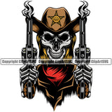 Cowboy Western Texas Vintage American Country Rodeo Skull Skeleton Wearing Leather Cowboy Hat Cap Sheriff Gun Long Hair Design Element Traditional Retro Old Wild West Art Design Isolated Rancher Logo Clipart SVG