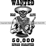 Cowboy Skull Skeleton Leather Cowboy Hat Cap Sombrero Guns Pistol Revolver Western Texas Vintage Wanted Death or Alive Reward Poster Quote Text Design Element Rodeo Traditional Retro Old Wild West Art Design Isolated Rancher Logo Clipart SVG