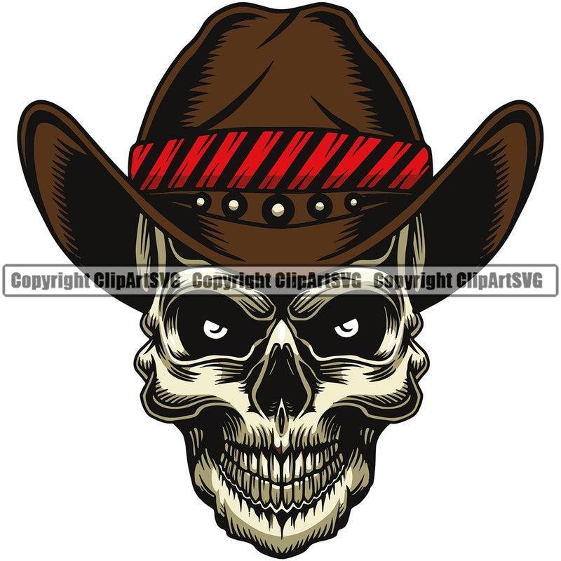 Cowboy Western Texas Vintage American Country Rodeo Cowboy Skull Skeleton Wearing Leather Cowboy Hat Cap Color Dress Smile Face Design Element Retro Old Wild West Art Design Isolated Rancher Logo Clipart SVG