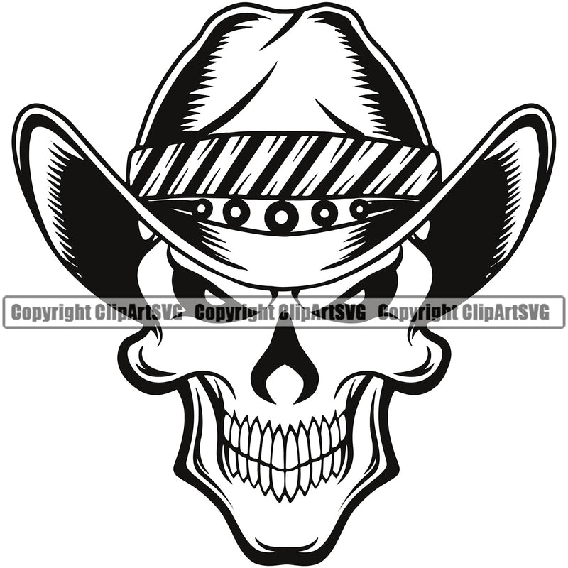 Cowboy Western Texas Vintage American Country Rodeo Skull Skeleton Wearing Leather Cowboy Hat Cap Design Element Traditional Skull Skeleton Black White Color Design Element Retro Old Wild West Art Design Isolated Rancher Logo Clipart SVG