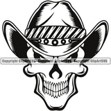 Cowboy Western Texas Vintage American Country Rodeo Skull Skeleton Wearing Leather Cowboy Hat Cap Design Element Traditional Skull Skeleton Black White Color Design Element Retro Old Wild West Art Design Isolated Rancher Logo Clipart SVG