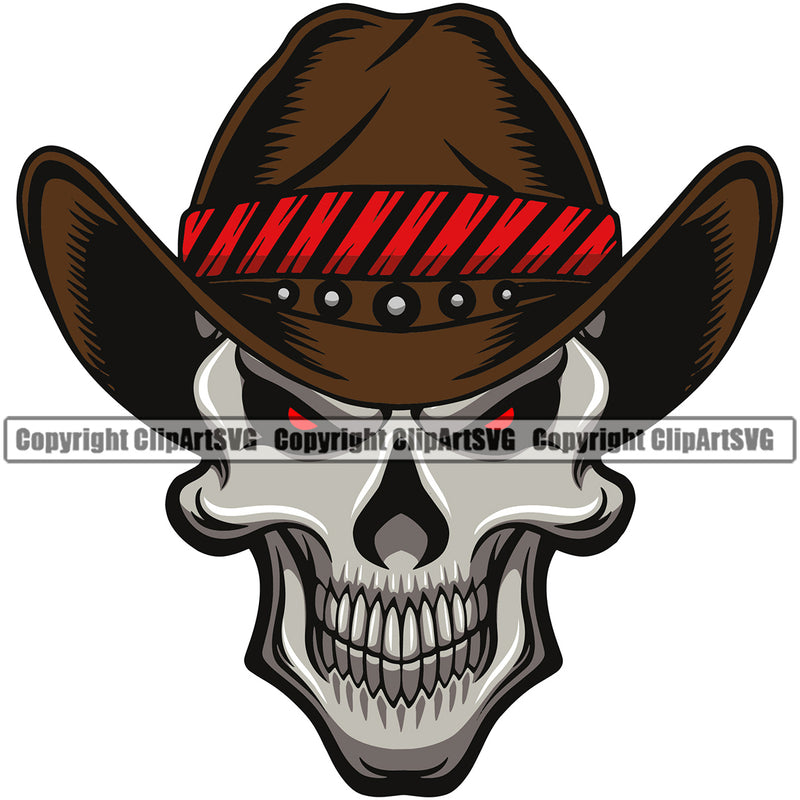 Cowboy Western Texas Vintage American Country Rodeo Skull Skeleton Wearing Leather Cowboy Hat Cap White Face And Red Color Hat Design Element Traditional Retro Old Wild West Art Design Isolated Rancher Logo Clipart SVG