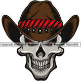 Cowboy Western Texas Vintage American Country Rodeo Skull Skeleton Wearing Leather Cowboy Hat Cap White Face And Red Color Hat Design Element Traditional Retro Old Wild West Art Design Isolated Rancher Logo Clipart SVG