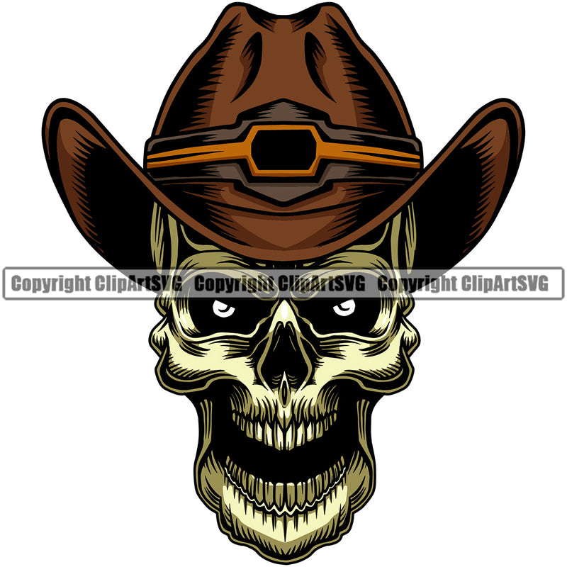 Cowboy Western Texas Vintage American Country Rodeo Traditional Retro Skull Skeleton Wearing Leather Cowboy Hat Cap Color Open Mouth Hat Design Element Old Wild West Art Design Isolated Rancher Logo Clipart SVG