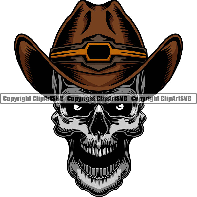 Cowboy Skull Skeleton Wearing Leather Cowboy Hat Cap Western Texas Vintage American Country Rodeo Cowboy Open Mouth Color Hat Design Element Retro Old Wild West Art Design Isolated Rancher Logo Clipart SVG