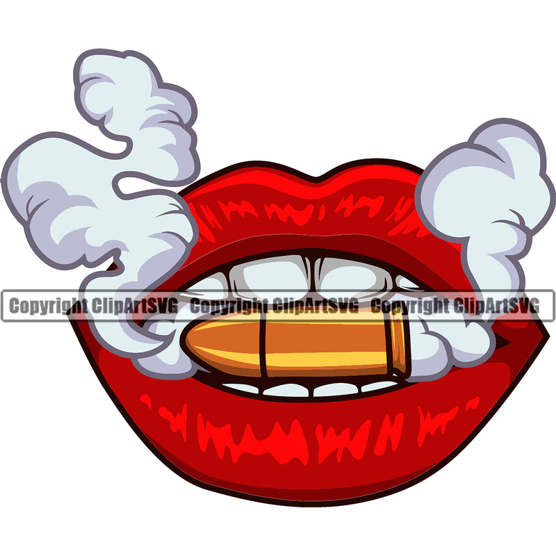 Lips Color Biting Bite Gun Bullet Design Element White Teeth Face Sexy Mouth Woman Female Girl Lady Position Head Cartoon Character Mascot Creation Create Art Artwork Creator Business Company Logo Clipart SVG