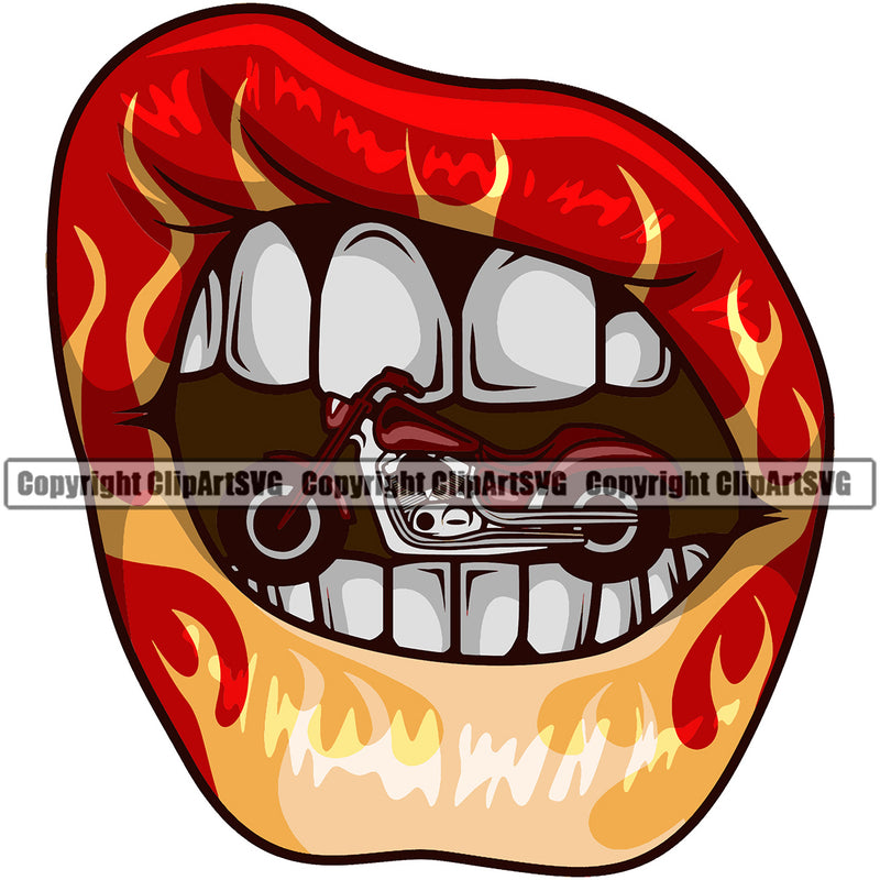 Lips Hot Rod Flames Fire Flaming Bite Biting Motorcycle Color White Teeth Design Element Face Sexy Mouth Position Head Cartoon Character Mascot Creation Create Art Artwork Creator Business Company Logo Clipart SVG