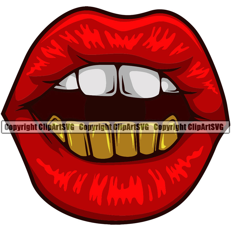 Lips Color Lips Gold Teeth Design Element Gangster Grill Thug Mean Mug Bling Jewelry Face Sexy Mouth Position Head Cartoon Character Mascot Create Art Creator Business Company Logo Clipart SVG