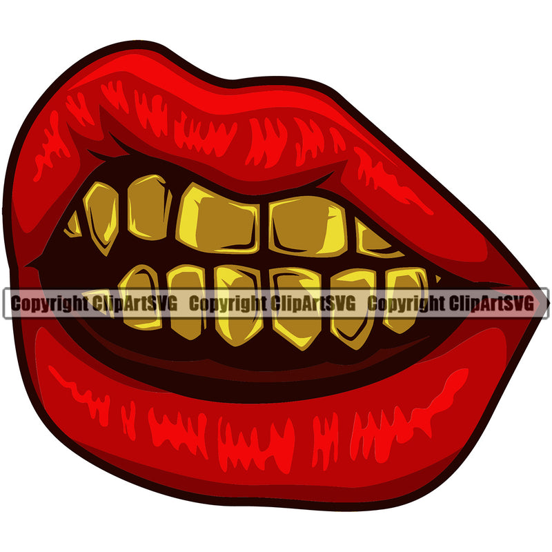 Lips Red Color Gold Teeth Design Element Gangster Grill Thug Mean Mug Bling Face Sexy Mouth Position Cartoon Mascot Creation Art Artwork Creator Business Logo Clipart SVG