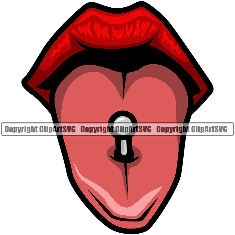 Lips Tongue Ring Red Color Design Element Face Sexy Mouth Position Woman Female Girl Lady Head Cartoon Character Mascot Creation Create Art Artwork Creator Business Company Logo Clipart SVG