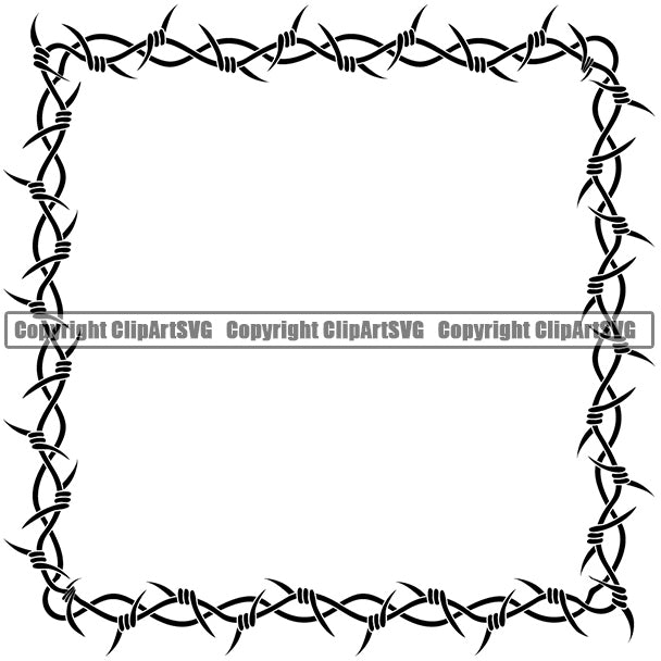 Barbed Barb Wire Double Square Border Outline Background Design Element Fence Security Wire Iron Prison Protection Steel Danger Boundary Line Barrier Guard Military Protect Art Design Logo Clipart SVG