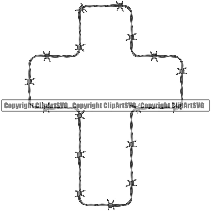 Barbed Barb Wire silver Cross Border Outline Background Design Element Metal Fence Security Wire Iron Prison Protection Steel Danger Boundary Line Barrier Guard Military Protect Protection Art Design Logo Clipart SVG