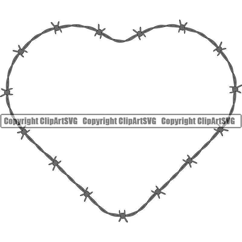 Barbed Barb Wire Silver Heart Border Outline Background Design Element Metal Fence Security Wire Iron Prison Protection Steel Danger Boundary Line Barrier Guard Military Protect Protection Art Design Logo Clipart SVG