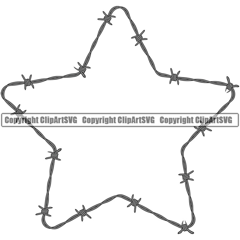 Barbed Barb Wire Silver Star Border Outline Background Design Element Danger Boundary Line Barrier Guard Military Protect Metal Fence Security Wire Iron Prison Protection Steel Art Design Logo Clipart SVG