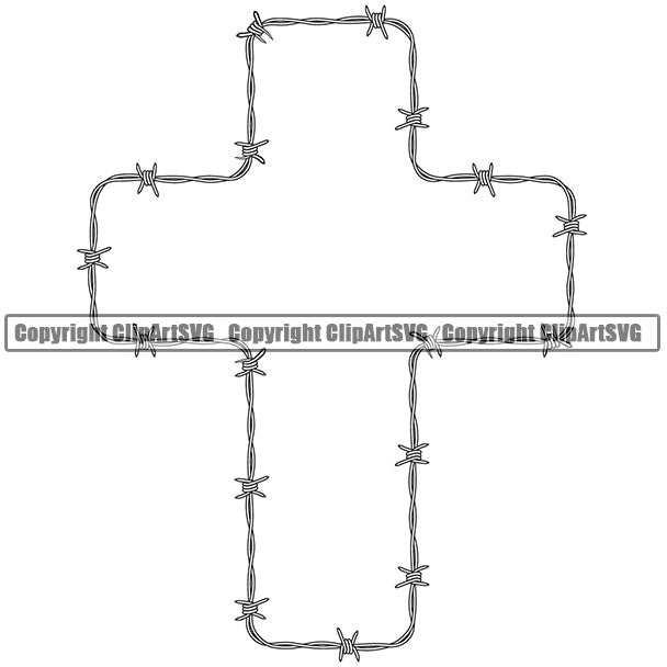 Barbed Barb Wire White Cross Border Outline Background Design Element Metal Fence Security Wire Iron Prison Protection Steel Danger Boundary Line Barrier Guard Military Protect Protection Art Design Logo Clipart SVG