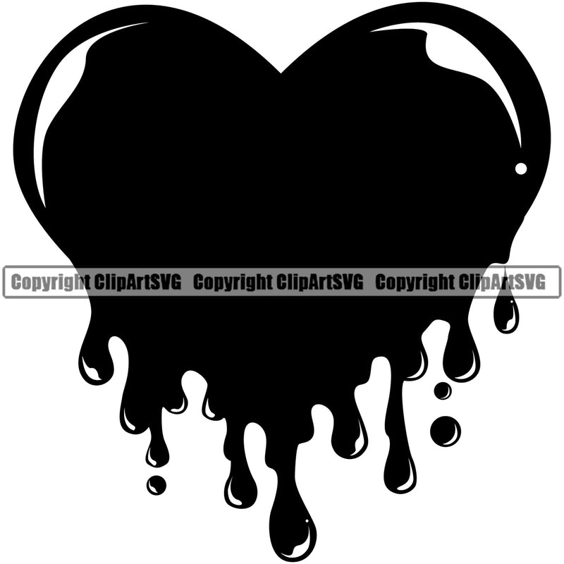 Blood Heart Dripping Design Element Black Color Melt Melting Black Silhouette Drop Dropping Drip Horror Scary Wet Liquid Splash Splashing Clipart SVG