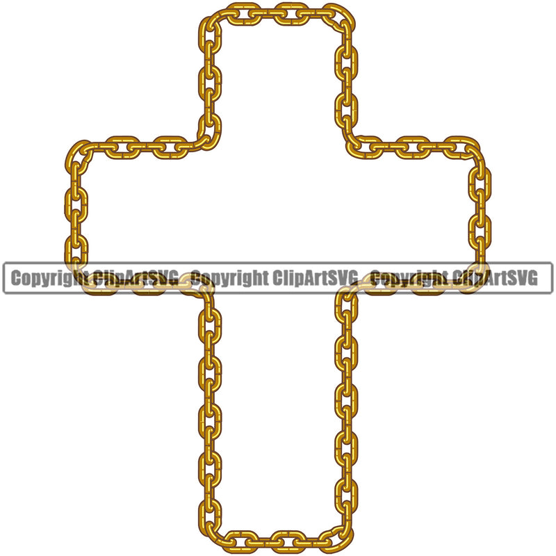 Metal Chain Link Cross Design Element Gold Color Iron Connection Links Jewelry Connect Steel Safety Protection Security Strength Strong Textile Industry Concept Background Border Outline Sign Line Art Business Company Logo Clipart SVG