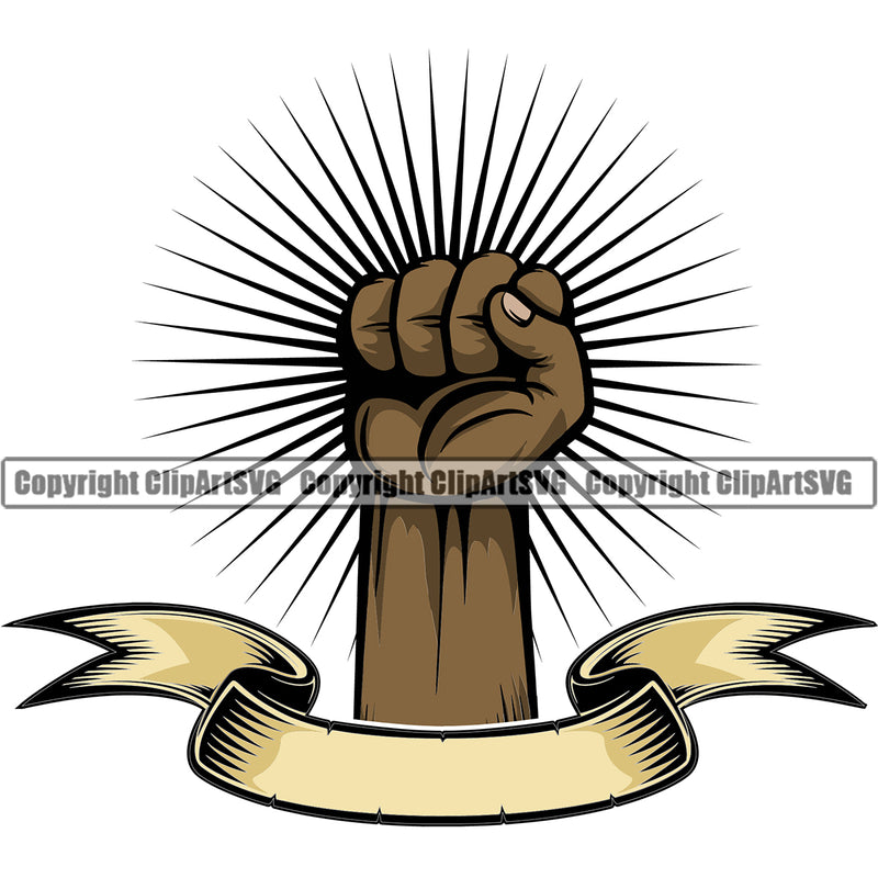 Hand Fist Power Sunburst Ribbon Black African American Design Element Fist Finger Gesture Position Hold Holding Grab Grabbing Object Cartoon Character Mascot Creation Create Art Artwork Creator Business Company Logo Clipart SVG