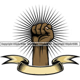 Hand Fist Power Sunburst Ribbon Black African American Design Element Fist Finger Gesture Position Hold Holding Grab Grabbing Object Cartoon Character Mascot Creation Create Art Artwork Creator Business Company Logo Clipart SVG