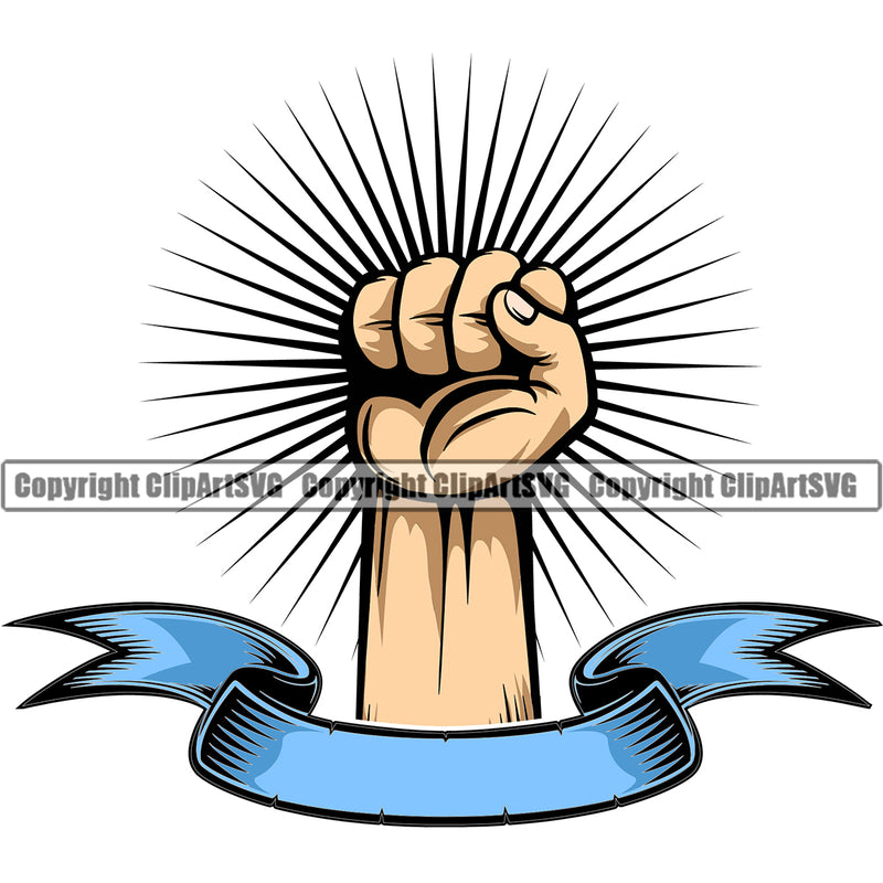 Hand Fist Power Sunburst Ribbon Design Element Fist Finger Gesture Position Hold Holding Grab Grabbing Object Cartoon Character Mascot Creation Create Art Artwork Creator Business Company Logo Clipart SVG