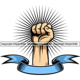 Hand Fist Power Sunburst Ribbon Design Element Fist Finger Gesture Position Hold Holding Grab Grabbing Object Cartoon Character Mascot Creation Create Art Artwork Creator Business Company Logo Clipart SVG