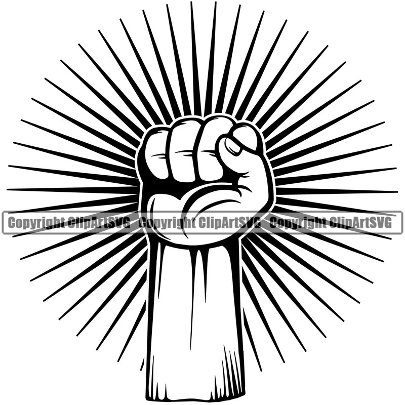 Hand Fist Power Arm Sunburst Design Element Finger Gesture Position Hold Holding Grab Grabbing Object Cartoon Character Mascot Creation Create Art Artwork Creator Business Company Logo Clipart SVG