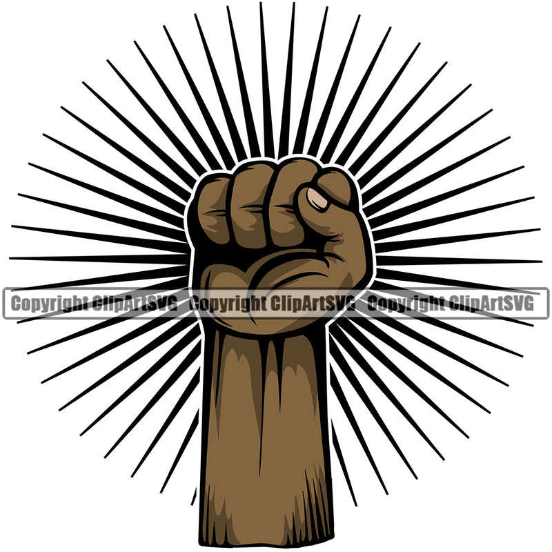 Hand Fist Power Arm Sunburst Black African American Design Element Fist Finger Gesture Position Hold Holding Grab Grabbing Object Cartoon Character Mascot Creation Create Art Artwork Creator Business Company Logo Clipart SVG