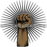 Hand Fist Power Arm Sunburst Black African American Design Element Fist Finger Gesture Position Hold Holding Grab Grabbing Object Cartoon Character Mascot Creation Create Art Artwork Creator Business Company Logo Clipart SVG