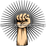 Hand Fist Power Sunburst Arm White Caucasian Design Element Fist Finger Gesture Position Hold Holding Grab Grabbing Object Cartoon Character Mascot Creation Create Art Artwork Creator Business Company Logo Clipart SVG