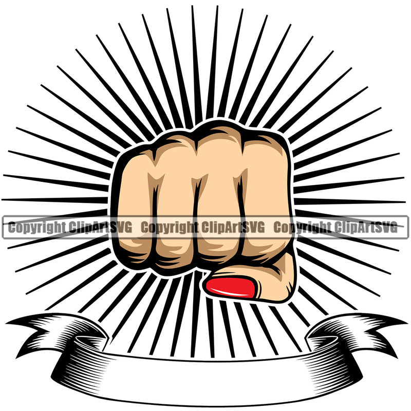 Hand Fist Punch Woman Sun Rib Design Element White Caucasian Finger Gesture Position Hold Holding Grab Grabbing Object Cartoon Character Mascot Creation Create Art Artwork Creator Business Company Logo Clipart SVG