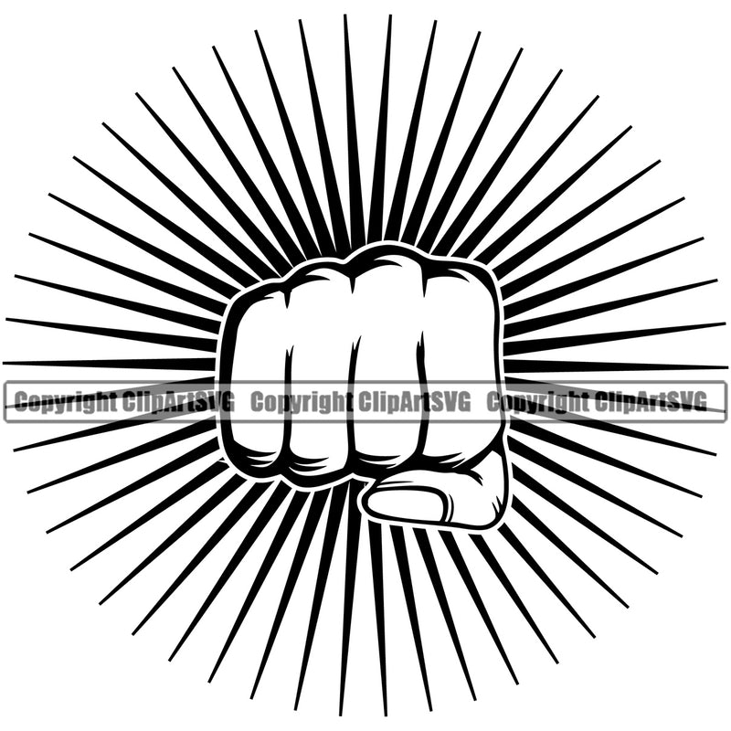 Hand Woman Fist Punch Sunburst Design Element Fist Finger Gesture Position Hold Holding Grab Grabbing Object Cartoon Character Mascot Creation Create Art Artwork Creator Business Company Logo Clipart SVG