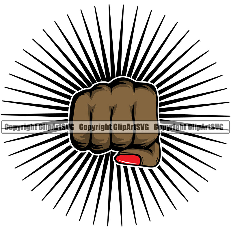 Hand Woman Fist Punch Black African American Sunburst Design Element Finger Gesture Position Hold Holding Grab Grabbing Object Cartoon Character Mascot Creation Create Art Artwork Creator Business Company Logo Clipart SVG