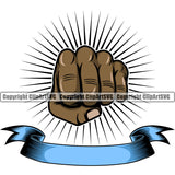 Hand Punch Sunburst Ribbon Design Element Black African American Fist Finger Position Hold Holding Grab Grabbing Cartoon Character Mascot Creation Art Artwork Creator Business Company Logo Clipart SVG