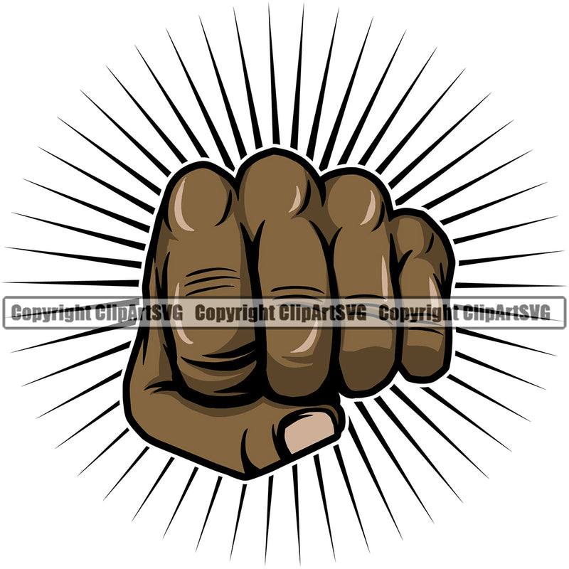 Hand Punch Sunburst Design Element Black African American Fist Finger Position Holding Grab Grabbing Object Cartoon Character Mascot Creation Create Art Artwork Creator Business Company Logo Clipart SVG