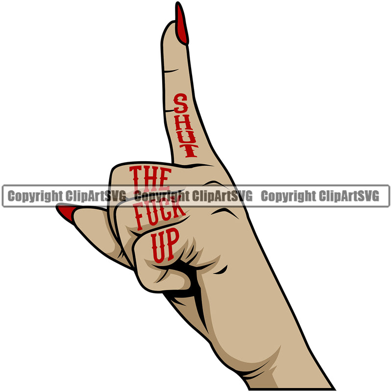 Hand Shut The Fuck Up Woman Design Element White Caucasian Fist Finger Gesture Position Holding Grab Object Cartoon Character Mascot Creation Create Art Artwork Creator Business Company Logo Clipart SVG