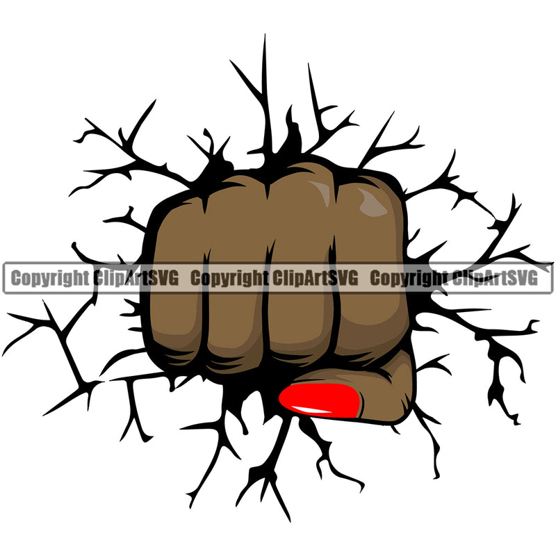 Hand Woman Break Wall Design Element Black African American Fist Finger Position Holding Grab Grabbing Object Cartoon Character Mascot Creation Create Art Artwork Creator Business Company Logo Clipart SVG
