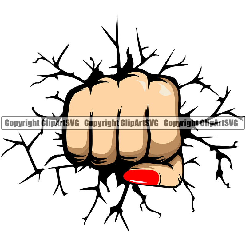 Hand Woman Break Wall Design White Caucasian Element Fist Finger Position Hold Holding Grab Grabbing Object Cartoon Character Mascot Creation Create Art Artwork Creator Business Company Logo Clipart SVG