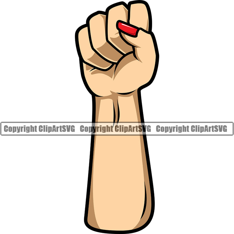 Hand Woman Fist Up Arm Design Element White Caucasian Finger Gesture Position Hold Holding Grab Grabbing Object Cartoon Character Mascot Creation Create Art Artwork Creator Business Company Logo Clipart SVG
