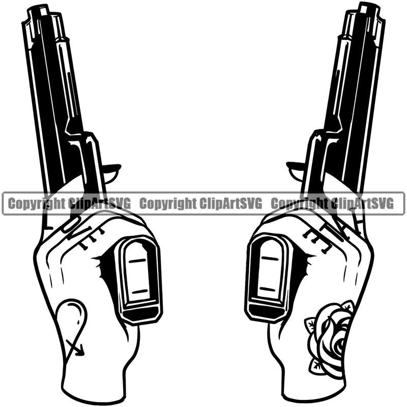 Hand Tattoo Two Pistol UP Woman Design Element Fist Finger Gesture Hold Holding Grabbing Object Cartoon Character Mascot Creation Create Art Artwork Creator Business Company Logo Clipart SVG