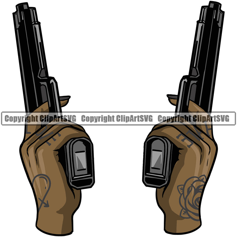 Hand Two Pistols Up Woman Tattoo Design Element Black African American Finger Gesture Position Hold Holding Grab Grabbing Object Cartoon Character Mascot Creation Create Art Artwork Creator Business Company Logo Clipart SVG