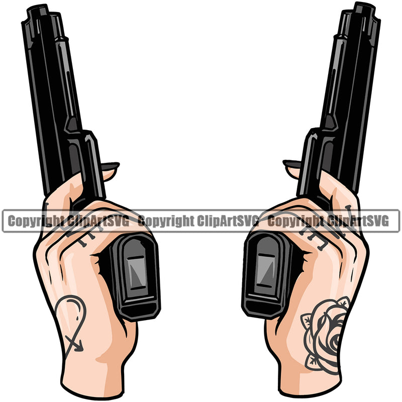 Hand Two Pistols Up Woman Tattoo Design Element Fist Finger Hold Holding Grab Grabbing Object Cartoon Character Mascot Creation Create Art Artwork Creator Business Company Logo Clipart SVG