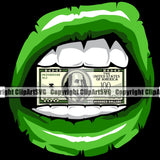 Lips Bite Biting $100 Dollar Bill Cash Money Green Color Black Color Background Design Element Face Sexy Mouth Head Character Mascot Creation Create Art Artwork Creator Business Company Logo Clipart SVG