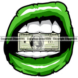 Lips Bite Biting $100 Dollar Bill Cash Money Green Color White Teeth Design Element Face Mouth Position Head Character Mascot Creation Create Art Artwork Creator Business Company Logo Clipart SVG