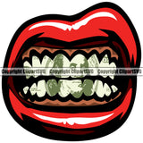 Lips $100 Dollar Bill Cash Money Teeth Red Color Design Element Face Sexy Mouth Position White Teeth Cartoon Character Mascot Creation Create Art Artwork Creator Business Company Logo Clipart SVG