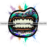 Lips Colorful Splash Splatter Drip Dripping White Teeth Design Element Face Sexy Mouth Position Woman Female Girl Lady Male Man Boy Cartoon Mascot Creation Create Art Artwork Creator Company Logo Clipart SVG