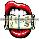 Lips $100 Dollar Bill Roll Rubber Band Cash Money Red Color White Teeth Design Element Face Sexy Mouth Head Cartoon Character Mascot Creation Art Artwork Creator Business Company Logo Clipart SVG