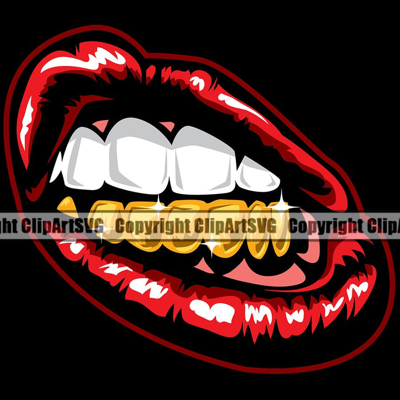 Lips Gold Teeth Black Background Design Element Face Sexy Mouth Position Head Gangster Grill Thug Mean Mug Bling Jewelry Cartoon Character Mascot Creation Create Art Artwork Creator Business Company Logo Clipart SVG