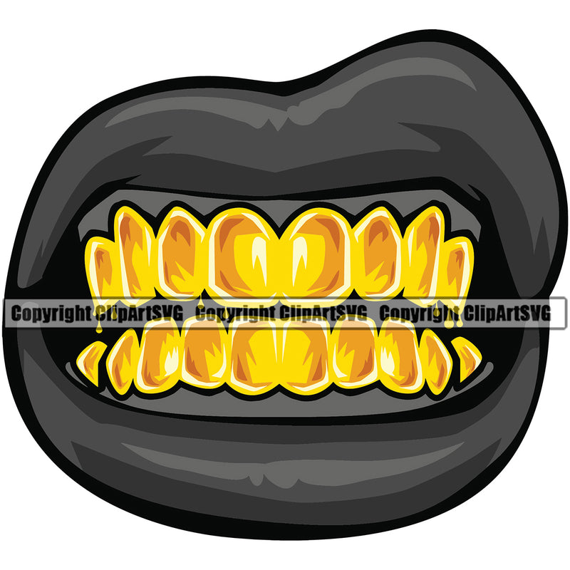 Lips Black Color Gold Teeth Design Element Face Sexy Mouth Position Gangster Grill Thug Mean Bling Jewelry Cartoon Character Mascot Creation Create Art Artwork Creator Business Company Logo Clipart SVG